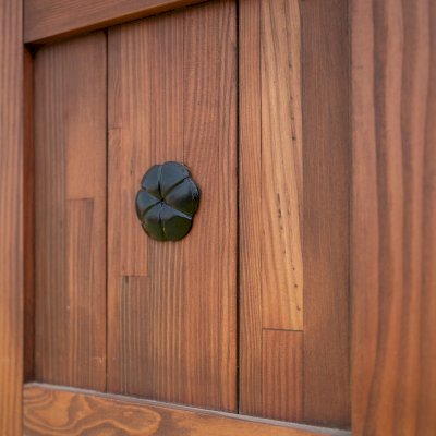 Decorative Redwood Shutters Set (Options: 18in W x 4ft H, Mosaic Douglas-fir, Coffee-Stain Premium Sealant). 