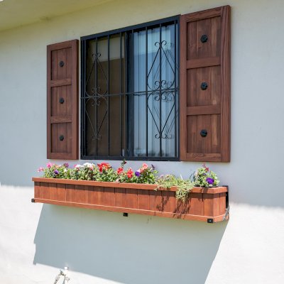 Decorative Redwood Shutters Set (Options: 18in W x 4ft H, Mosaic Douglas-fir, Coffee-Stain Premium Sealant). Photo Also shows a 7' L window planter. 