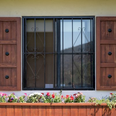 Decorative Redwood Shutters Set (Options: 18in W x 4ft H, Mosaic Douglas-fir, Coffee-Stain Premium Sealant). Photo Also shows a 7' L window planter. 