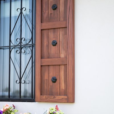 Decorative Redwood Shutters Set (Options: 18in W x 4ft H, Mosaic Douglas-fir, Coffee-Stain Premium Sealant). 