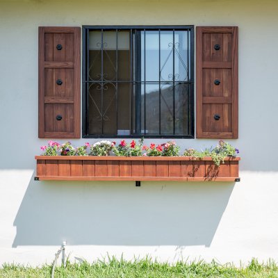 Decorative Redwood Shutters Set (Options: 18in W x 4ft H, Mosaic Douglas-fir, Coffee-Stain Premium Sealant). Photo Also shows a 7' L window planter. 