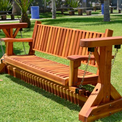 Custom Adirondack Chain Glider (Options: 3-Person, California Redwood, Classic Swing Bench Seat by Custom Request, Transparent Premium Sealant).