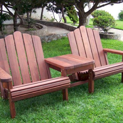 Adirondack Vignette Settee (Options: Extra Wide, Old-Growth Redwood, Rounded Corners, No Umbrella Hole, Standard Seat Depth, No Cushion, No Ottoman, Cherry Stain)