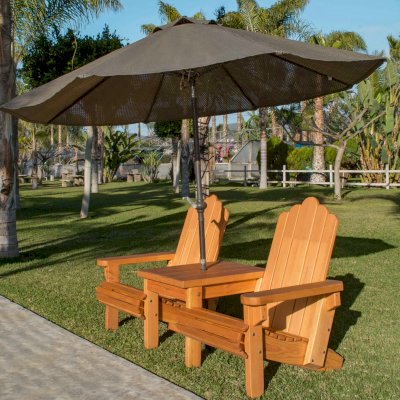 Adirondack Vignette Settee (Options: Standard Width, Douglas-fir, Slightly Rounded Corners, Umbrella Hole, Standard Seat Depth, No Cushion, No Ottoman, Transparent Premium Sealant).