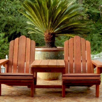 Adirondack Vignette Settee (Options: Standard Width, Old-Growth Redwood, Rounded Corners, No Umbrella Hole,  Standard Seat Depth, No Cushion, No Ottoman, Transparent Premium Sealant)