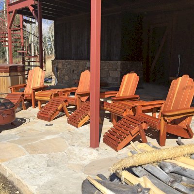 Adirondack Wooden Folding Chair (Options: California Redwood, Standard Depth, No Cushions, with Folding Ottomans, Transparent Premium Sealant). Photo Courtesy of P. Sigel of Telluride, Colorado.