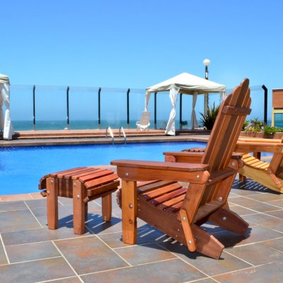 Adirondack Wooden Folding Chair (Options: Old-Growth Redwood except the middle chair that was made with Redwood, No Cushions, Add Flat Ottomans, Transparent Premium Sealant). 
