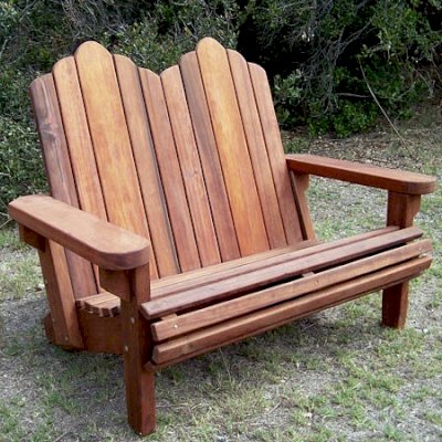 Adirondack Wooden Loveseat (Options: Old-Growth Redwood,  Standard Seat Depth, No Cushion, No Ottoman, Transparent Premium Sealant).