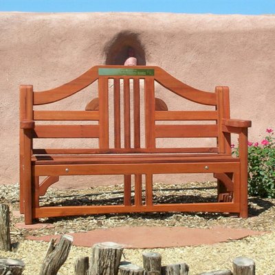 Alan's Engraved Wood Bench (Options: 5 ft, Old-Growth Redwood, No Cushion, No Engraving, Plaque Provided by Customer, Transparent Premium Sealant). Photo Courtesy of Elsa P. of Albuquerque, NM. 