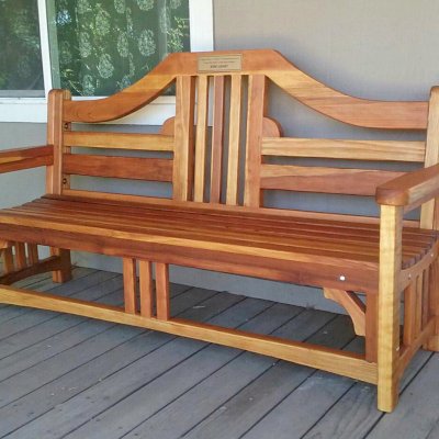 Alan's Engraved Wood Bench (Options: 6 ft, California Redwood, No Cushion, No Engraving, Plaque Provided by Customer, Transparent Premium Sealant). Photo Courtesy of E. Agnoli of Laytonville, CA.