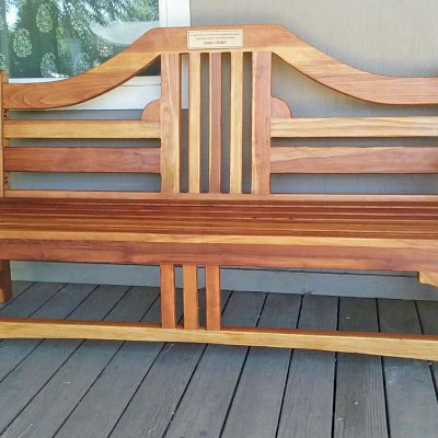 Alan's Engraved Wood Bench (Options: 6 ft, California Redwood, No Cushion, No Engraving, Plaque Provided by Customer, Transparent Premium Sealant). Photo Courtesy of E. Agnoli of Laytonville, CA.