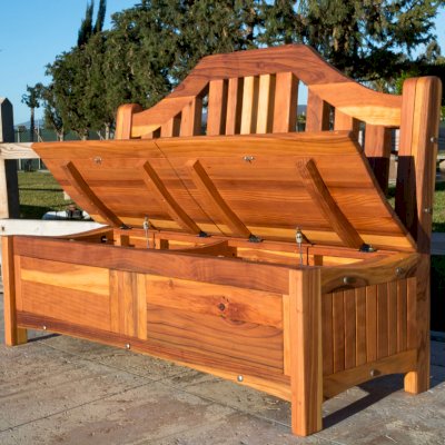 Custom Alan's Redwood Storage Bench Without Armrests (Options: 5 ft, California Redwood, with Pistons, Transparent Premium Sealant).