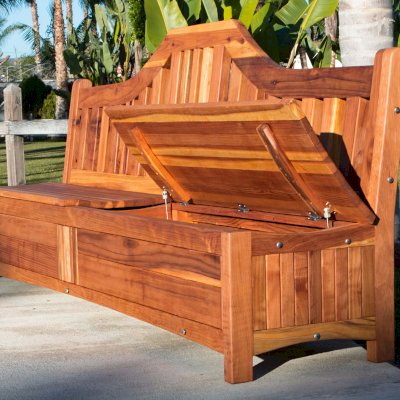 Custom Alan's Redwood Storage Bench Without Armrests (Options: 5 ft, California Redwood, with Pistons, Transparent Premium Sealant).