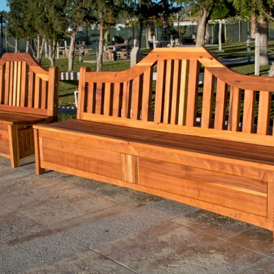 Custom Alan's Redwood Storage Bench Without Armrests (Options: 5 ft & 8 ft, California Redwood, with Pistons, Transparent Premium Sealant).