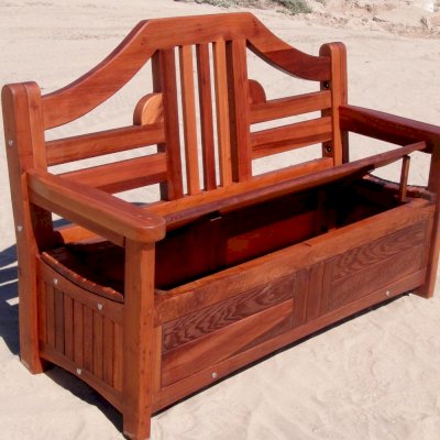 Alan's Redwood Storage Bench (Options: 4 ft, Old-Growth Redwood, No Piston, No Cushions, No Engraving, Transparent Premium Sealant). Shows seat up.