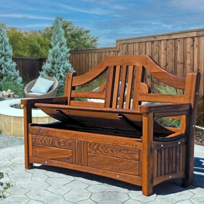 Alan's Redwood Storage Bench (Options: 4 ft, Old-Growth Redwood, No Piston, No Cushions, No Engraving, Transparent Premium Sealant).
