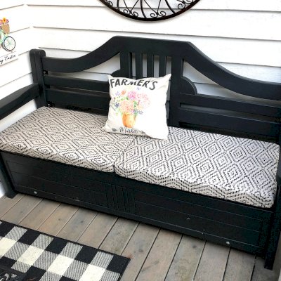 Alan's Redwood Storage Bench (Options: 6 ft, Douglas-fir, With Pistons, Custom Cushions, No Engraving, Custom Paint Finish). Photo Courtesy of C. Hind of Kent, Washington.