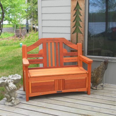 Alan's Redwood Storage Bench (Options: 4 ft, Add Pistons, California Redwood, No Cushions, Custom Engraving, Transparent Premium Sealant). Photo courtesy of Linda N. of  Bovey, Minnesota.