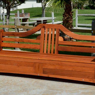 Alan's Redwood Storage Bench (Options: 8 ft, Mature Redwood, With Pistons, No Cushions, No Engraving, Transparent Premium Sealant). Seat in 2 sections by custom request.