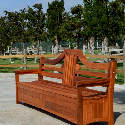 Alan's Redwood Storage Bench (Options: 8 ft, Mature Redwood, With Pistons, No Cushions, No Engraving, Transparent Premium Sealant). Seat in 2 sections by custom request.