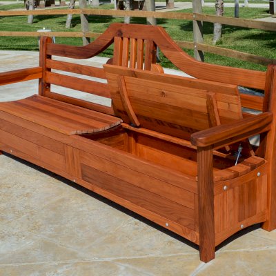 Alan's Redwood Storage Bench (Options: 8 ft, Mature Redwood, With Pistons, No Cushions, No Engraving, Transparent Premium Sealant). Seat in 2 sections by custom request.