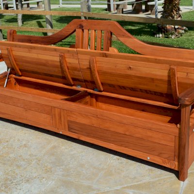 Alan's Redwood Storage Bench (Options: 8 ft, Mature Redwood, With Pistons, No Cushions, No Engraving, Transparent Premium Sealant). Seat in 2 sections by custom request.