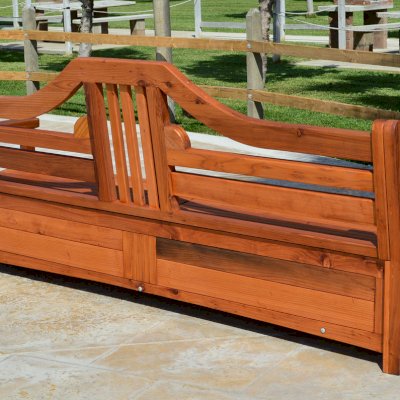 Alan's Redwood Storage Bench (Options: 8 ft, Mature Redwood, With Pistons, No Cushions, No Engraving, Transparent Premium Sealant). Seat in 2 sections by custom request.