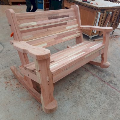 Custom Angel's Rustic Wood Bench Under Construction (Options: 4 ft, Mosaic Redwood, Rocker Bench by Custom Request).