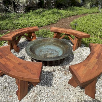 Custom Arc Picnic Benches (Options: Custom Parquet Tabletop, 4 ft, Mature Redwood, No Engraving, Transparent Premium Sealant). Photo Courtesy of D. Weinkle of Bradenton, FL.