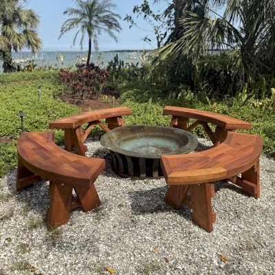 Custom Arc Picnic Benches (Options: Custom Parquet Tabletop, 4 ft, Mature Redwood, No Engraving, Transparent Premium Sealant). Photo Courtesy of D. Weinkle of Bradenton, FL.