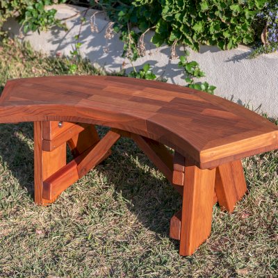 Custom Arc Picnic Bench (Options: Custom Parquet Tabletop, 3 ft, Mature Redwood, No Engraving, Transparent Premium Sealant). 