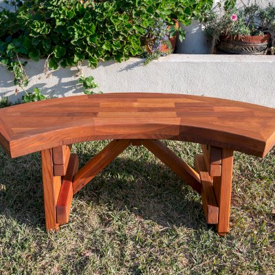 Custom Arc Picnic Bench (Options: Custom Parquet Tabletop, 3 ft, Mature Redwood, No Engraving, Transparent Premium Sealant). 