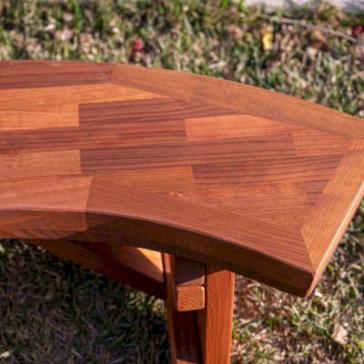 Custom Arc Picnic Bench (Options: Custom Parquet Tabletop, 3 ft, Mature Redwood, No Engraving, Transparent Premium Sealant). 