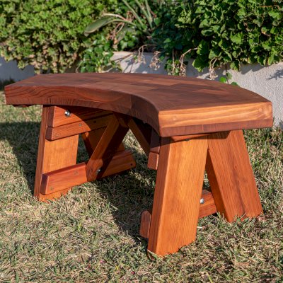 Custom Arc Picnic Bench (Options: Custom Parquet Tabletop, 3 ft, Mature Redwood, No Engraving, Transparent Premium Sealant). 