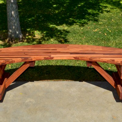Arc Picnic Benches (Options: 4 ft, Mosaic Redwood, No Engraving, Transparent Premium Sealant). 