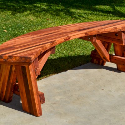 Arc Picnic Benches (Options: 4 ft, Mosaic Redwood, No Engraving, Transparent Premium Sealant). 