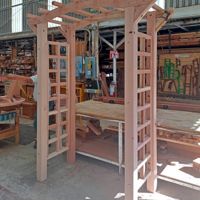 Arched Garden Arbor in Production (Options: 72" W x Custom 36" D, California Redwood, 7.5' H).
