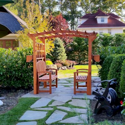Custom Arched Garden Arbor (Options: Mature Redwood, Transparent Premium Sealant) with 2 Box Planters and 2 Luna Benches. Photo Courtesy of Alex Amodio, Owner/ Park Avenue Gardens, L.L.C.