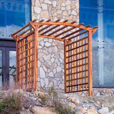 Arched Garden Arbor (Options: 96" W x 96" D, Mosaic Redwood, No Anchor Kit, Transparent Premium Sealant).