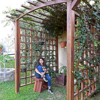 Arched Garden Arbor (Options: 48" W x 60" D, Mosaic Redwood, No Anchor Kit, Transparent Premium Sealant). Photo Also Shows a Sanctuary Patio Bench. Photos taken after 4 years of installation.