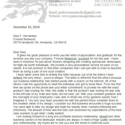 Letter of Appreciation from Alex Amodio, Owner/ Park Avenue Gardens, L.L.C.