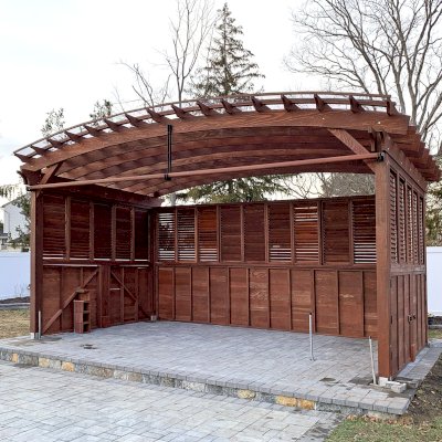 Arched Open Sky Pergolas (Options: 14' L x 24' Arc W, California Redwood, with Transparent Rain Guard, Electrical Wiring Trim for 2 Posts, 4-Post Anchor Kit for High-Wind, No Ceiling Fan Base, Combination of 4 Different Privacy Panels, 1 Curtain Rod, 11' Post Height, Coffee-Stain Premium Sealant).