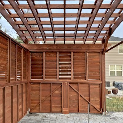 Arched Open Sky Pergolas (Options: 14' L x 24' Arc W, California Redwood, with Transparent Rain Guard, Electrical Wiring Trim for 2 Posts, 4-Post Anchor Kit for High-Wind, No Ceiling Fan Base, Combination of 4 Different Privacy Panels, 1 Curtain Rod, 11' Post Height, Coffee-Stain Premium Sealant).