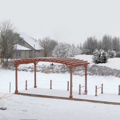 Arched Open Sky Pergolas (Options: 14' L x 22' Arc W, California Redwood, Unattached, No Electrical Wiring Trim, Arched Roof without Lattice Panels, 4-Post Anchor Kit for Concrete, No Ceiling Fan Base, No Privacy Panels, No Curtain Rods, 9.5' Post Height, Transparent Premium Sealant). Photo courtesy of Douglas McGee of Clayton, New York.