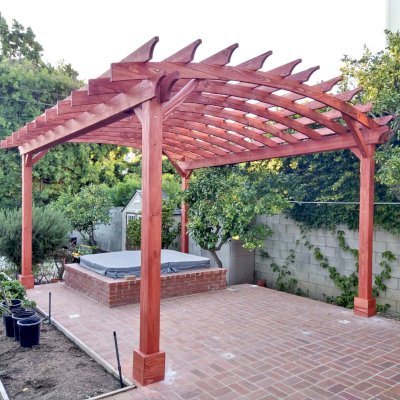 Arched Open Sky Pergolas (Options: 18' L x 15' Arc W, Douglas-fir, 2 Electrical Wiring Trims, 4-Post Anchor Kit for Concrete, No Ceiling Fan Base, No Privacy Panels, No Curtain Rods, 9' Post Height, Custom Stain). Photo Courtesy of K. Jefferson of Santa Monica, CA.