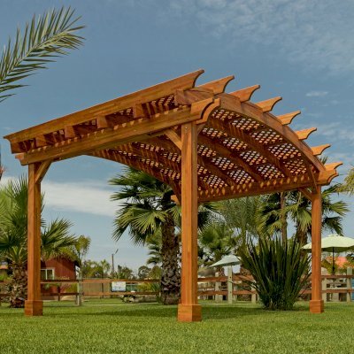 Arched Pergola Kit (Options: 16' L x 16' Arc W, Mosaic Redwood, No Electrical Wiring Trim Kit, No Fan Base, No Privacy Panels, Transparent Premium Sealant).
