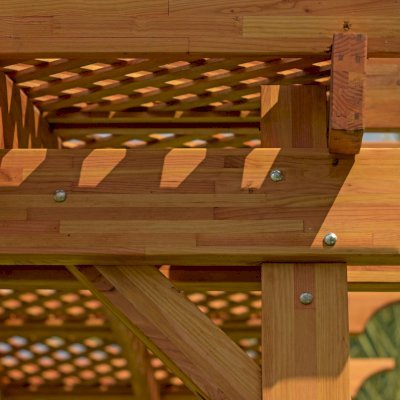 Arched Pergola Kit (Options: 16' L x 16' Arc W, Mosaic Redwood, No Electrical Wiring Trim Kit, No Fan Base, No Privacy Panels, Transparent Premium Sealant).