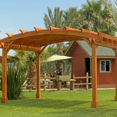 Arched Pergola Kit (Options: 16' L x 16' Arc W, Mosaic Redwood, No Electrical Wiring Trim Kit, No Fan Base, No Privacy Panels, Transparent Premium Sealant).
