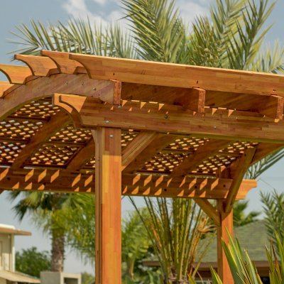 Arched Pergola Kit (Options: 16' L x 16' Arc W, Mosaic Redwood, No Electrical Wiring Trim Kit, No Fan Base, No Privacy Panels, Transparent Premium Sealant).