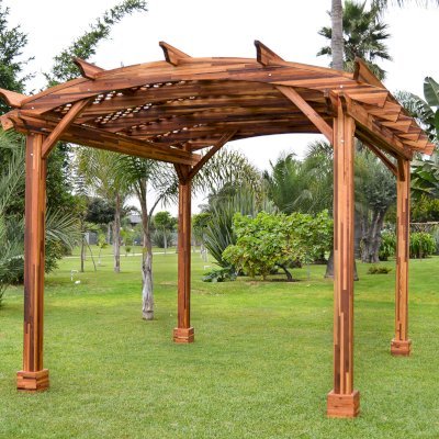 Arched Pergola Kit (Options: 12' L x 14' Arc W, Mosaic Redwood, No Electrical Wiring Trim Kit, No Fan Base, No Privacy Panels, Transparent Premium Sealant).